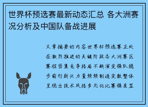 世界杯预选赛最新动态汇总 各大洲赛况分析及中国队备战进展